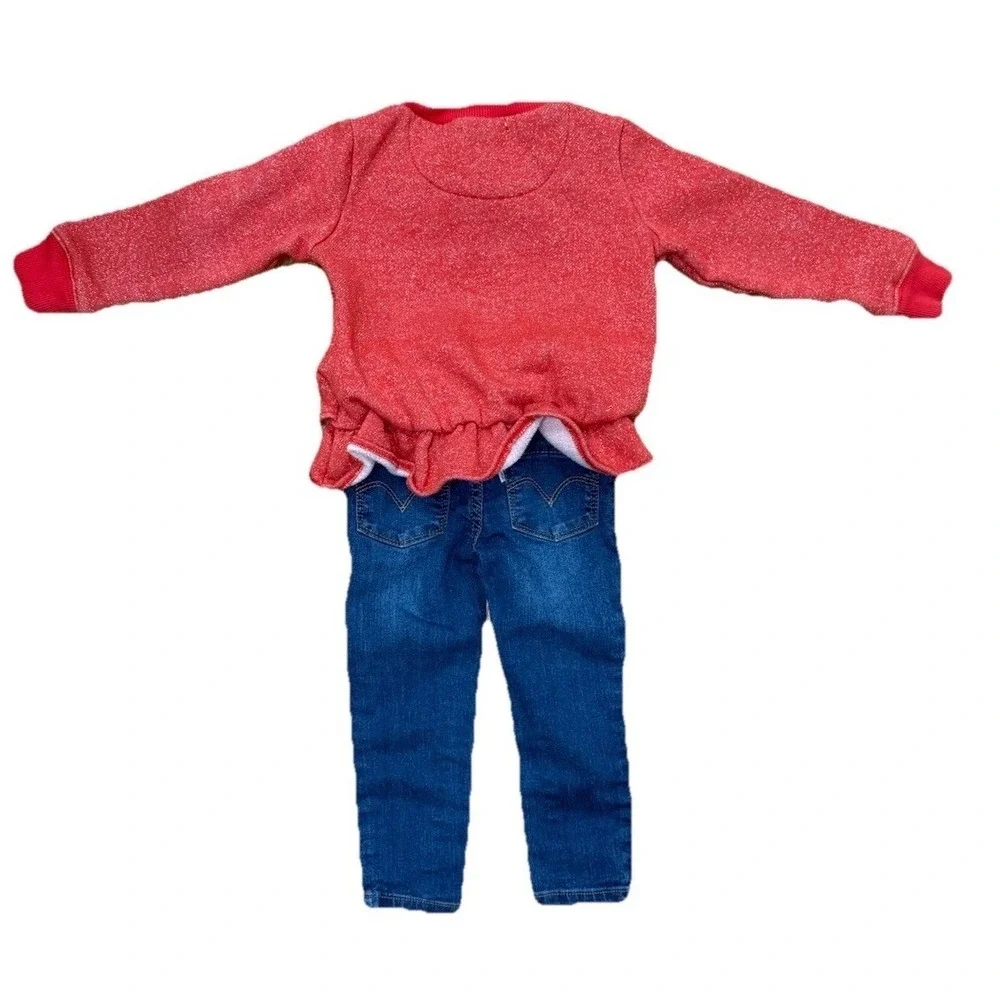 Kids Levi's Red Sparkle Heart Ruffle Sweater & Jeans Outfit Set Size 2T Playwear